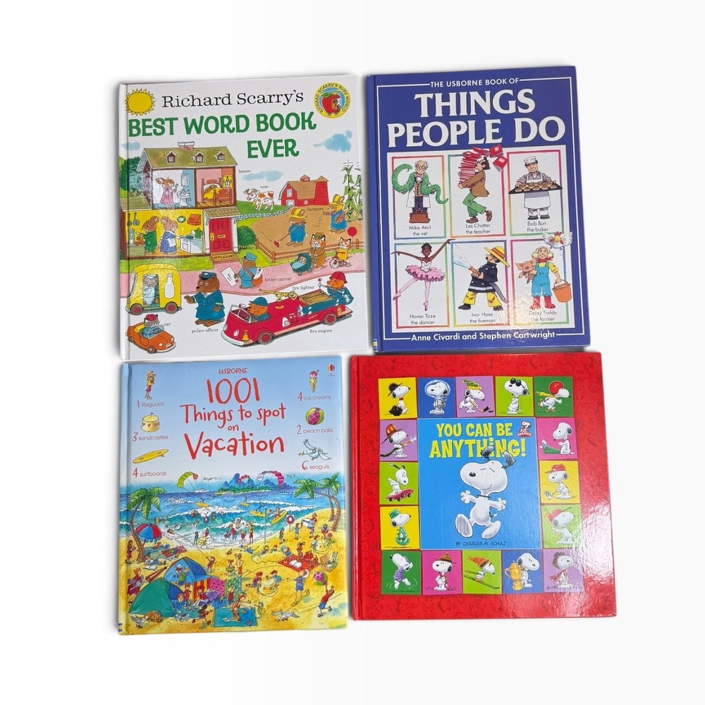 Vintage Kids Book Lot Richard Scarry Usborne Snoopy Peanuts Hardcover 4 Books